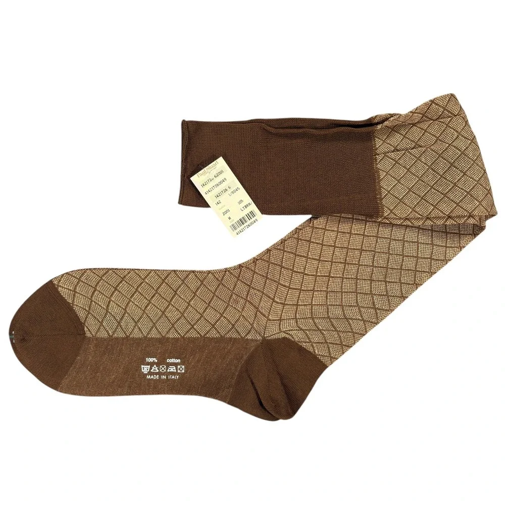 Paul Stuart Socks Mens M Brown Grid 100% Cotton Over the Calf Italy NWT